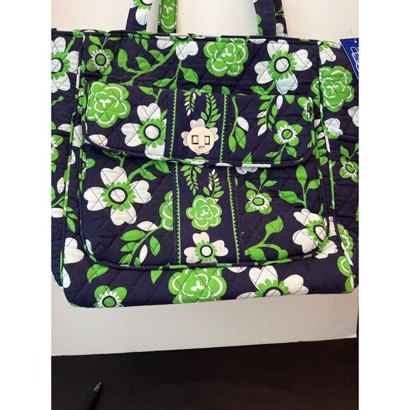 New with Tags, SPC Green Navy White Flowered Large Tote Laptop Tablet - Picture 2 of 11